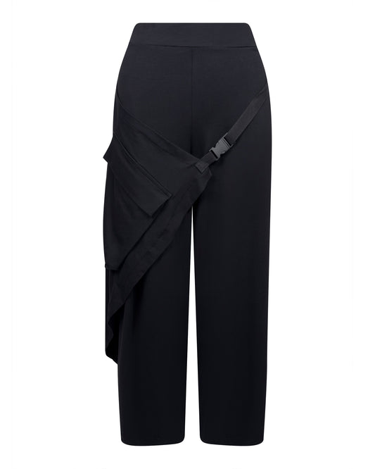 Pantaloni negri largi cu talie elastica si buzunar din material textil