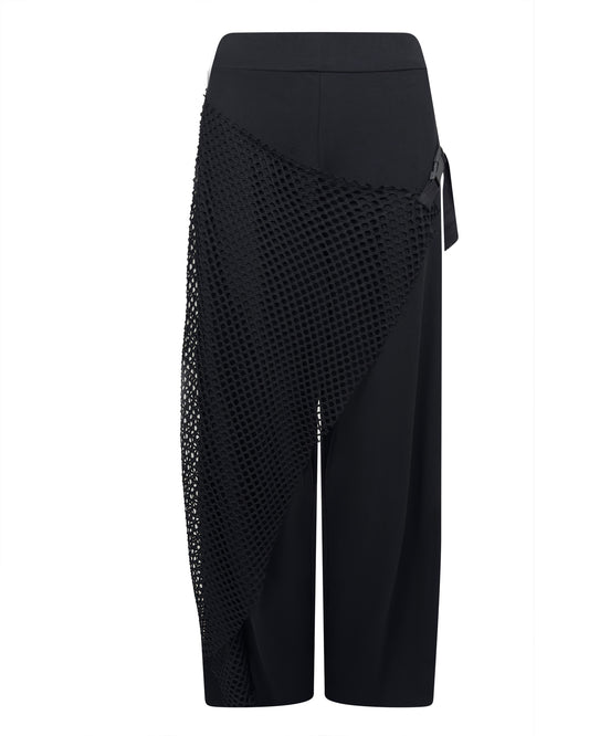 Pantaloni negri largi cu talie elastica si buzunar din plasa