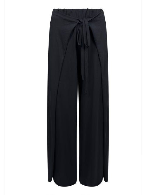 Pantaloni largi din material lejer de vara cu slit lateral si cordon – negru