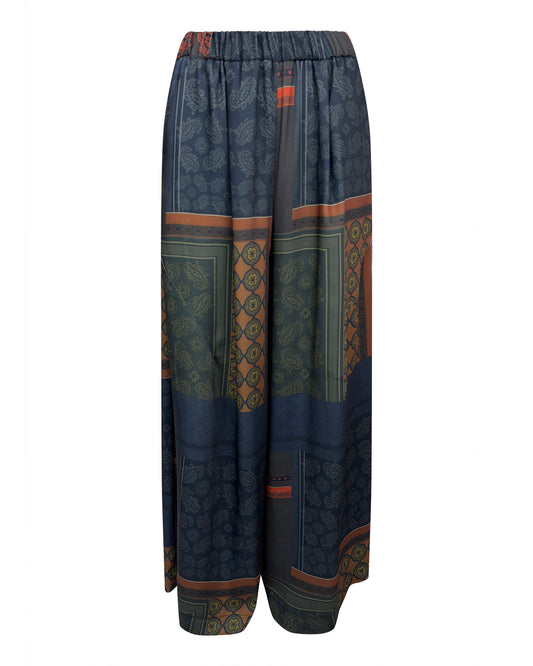 Pantaloni largi cu imprimeu geometric si talie elastica