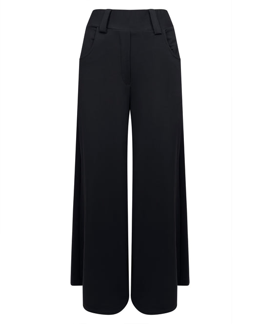 Pantaloni negri largi, din jerse, simpli, versatili, care merg la orice ocazie