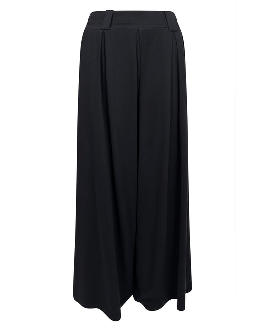 Pantaloni negri largi din jerse cu pense si croiala lejera, versatili