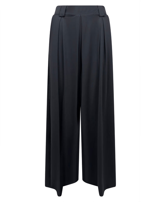 Pantaloni negri largi din lycra cu pense si croiala lejera, versatili