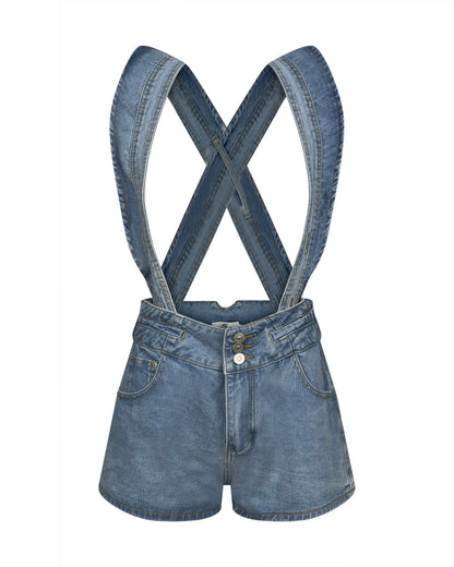 Pantaloni Scurți din Denim cu Bretele Arhitecturale (L)