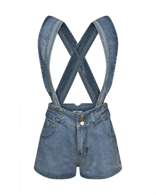 Salopeta scurta din denim cu bretele late incrucisate