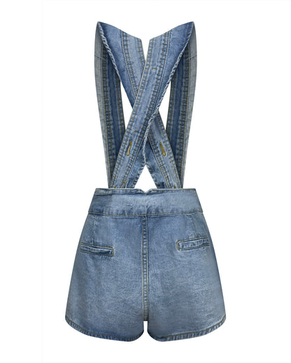 Pantaloni Scurți din Denim cu Bretele Arhitecturale (L)