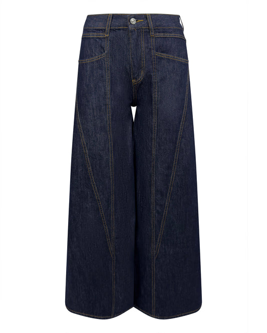 Blugi jeans albastrii cu picior wide si cusaturi in V