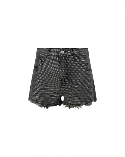 Pantaloni Scurți din Denim cu Ștrasuri și Margine Franjurată (S-M-L)
