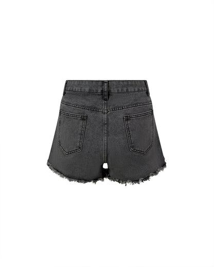 Pantaloni Scurți din Denim cu Ștrasuri și Margine Franjurată (S-M-L)