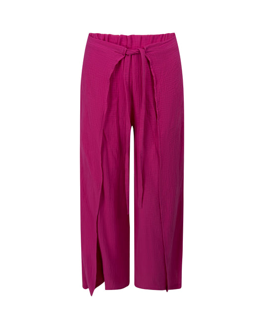 Pantaloni largi din muselina cu slit lateral si cordon – fucsia