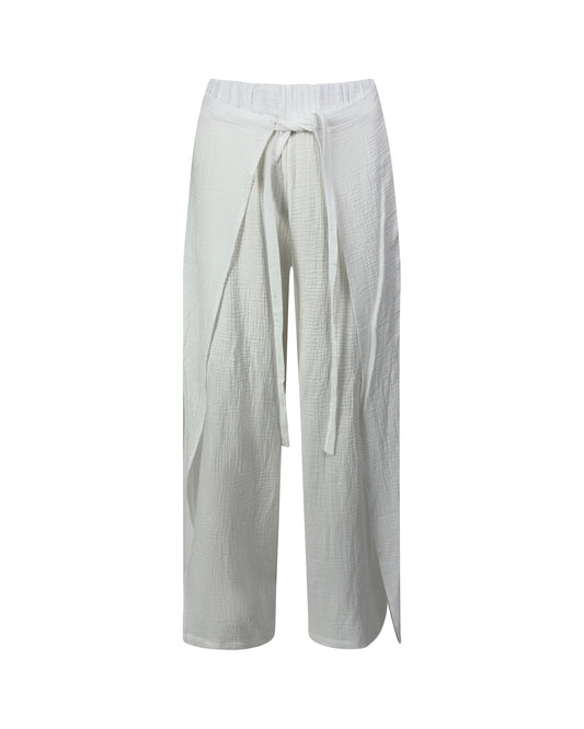 Pantaloni largi din muselina cu slit lateral si cordon – alb