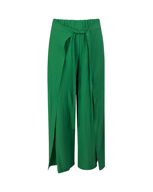 Pantaloni largi din muselina cu slit lateral si cordon – verde