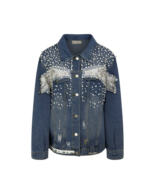 Jacheta denim cu perle, fluture brodat si detalii glam - accesorizata manual