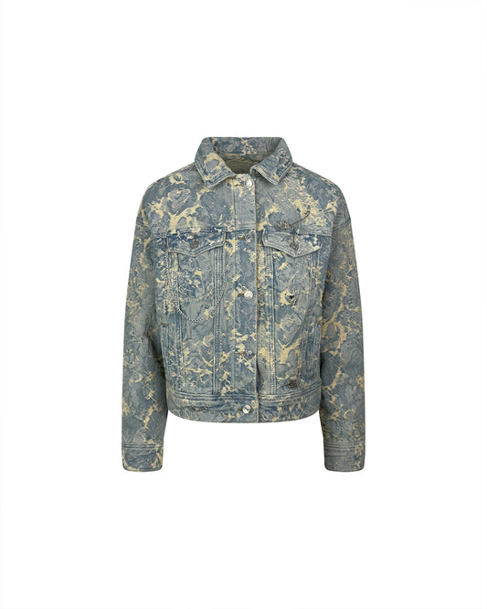 Jacheta denim prespalat marmorata cu efect - accesorizata manual
