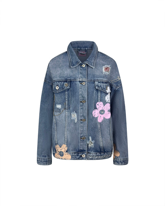 Jacheta denim albastra scurta cu flori pictate - simpla / accesorizata manual