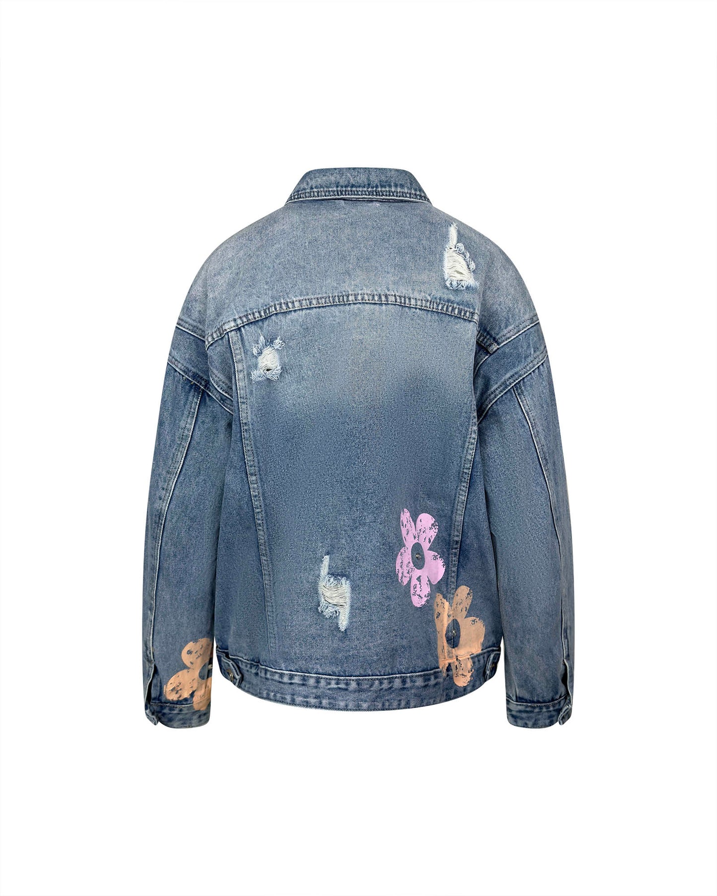 Jacheta denim albastra scurta cu flori pictate - simpla / accesorizata manual
