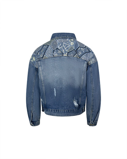 Jacheta denim albastra scurta cu broderie - simpla / accesorizata manual