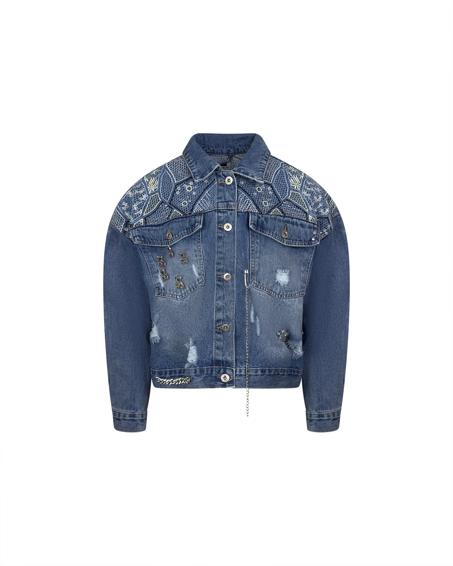 Jacheta denim albastra scurta cu broderie - simpla / accesorizata manual