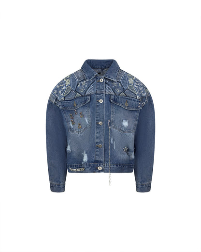 Jacheta denim albastra scurta cu broderie - simpla / accesorizata manual
