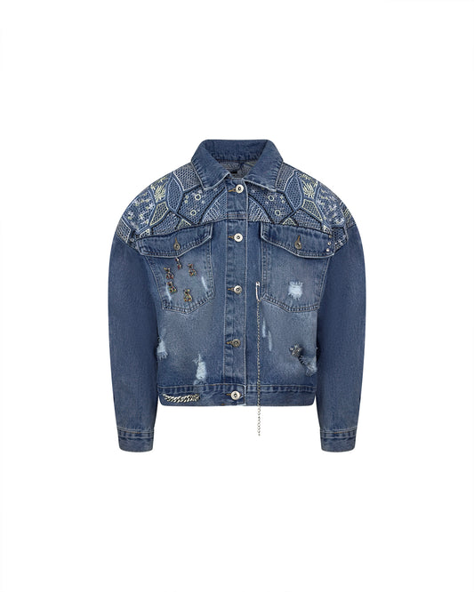 Jacheta denim albastra scurta cu broderie - simpla / accesorizata manual