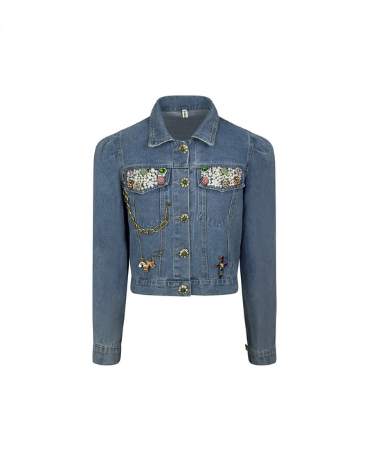 Jacheta denim albastra cu aplicatii stralucitoare si nasturi tip bijuterie - simpla / accesorizata manual