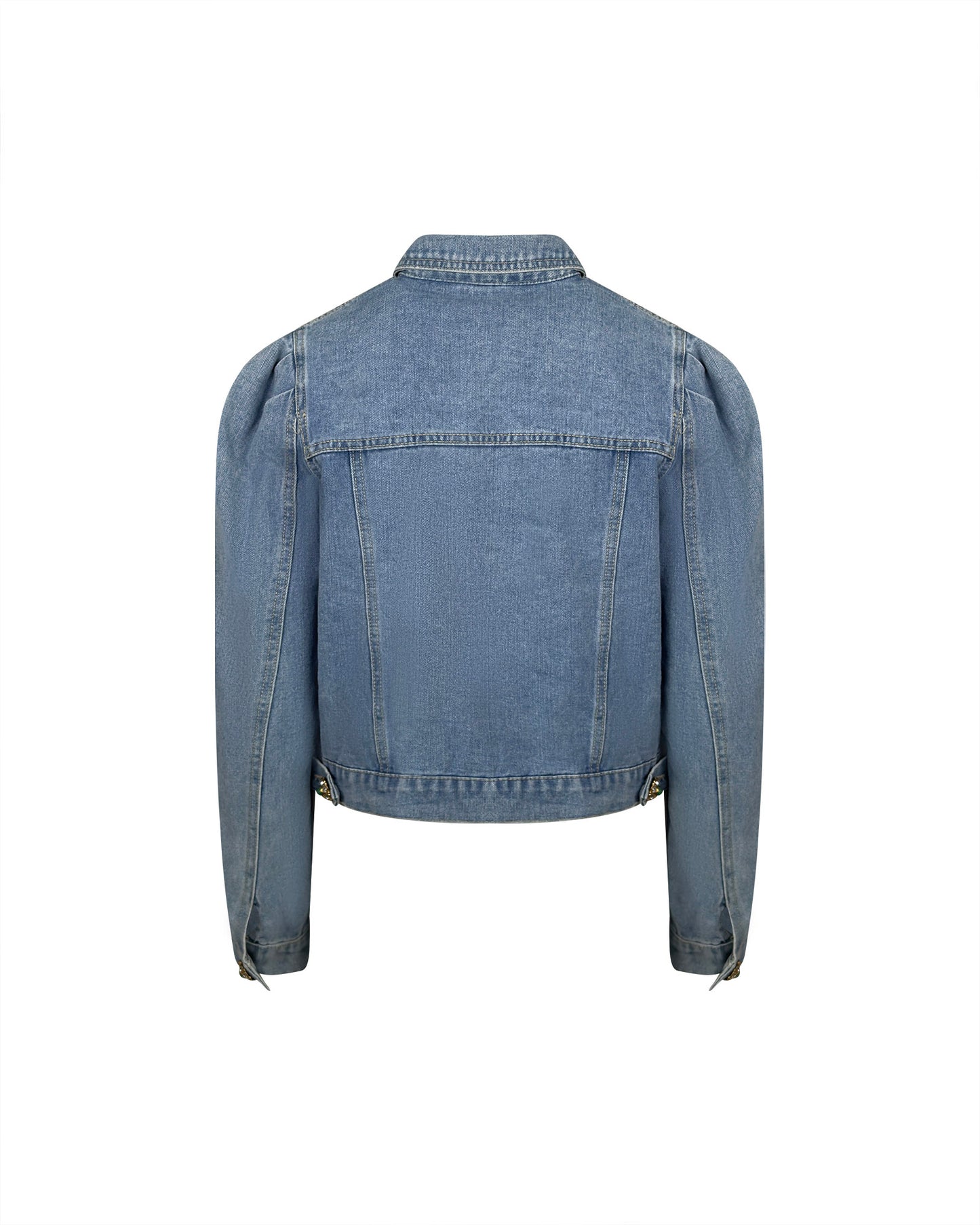 Jacheta denim albastra cu aplicatii stralucitoare si nasturi tip bijuterie - simpla / accesorizata manual