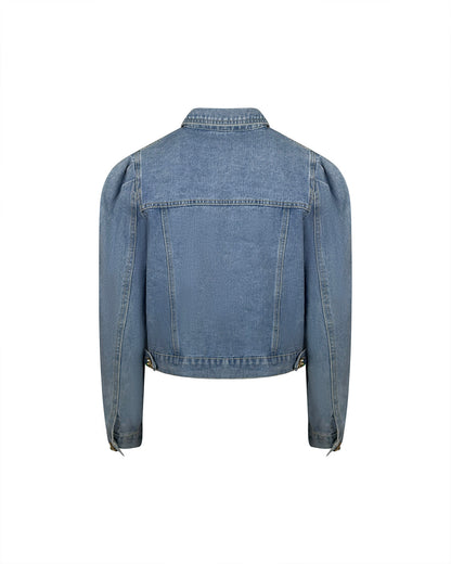Jacheta denim albastra cu aplicatii stralucitoare si nasturi tip bijuterie - simpla / accesorizata manual