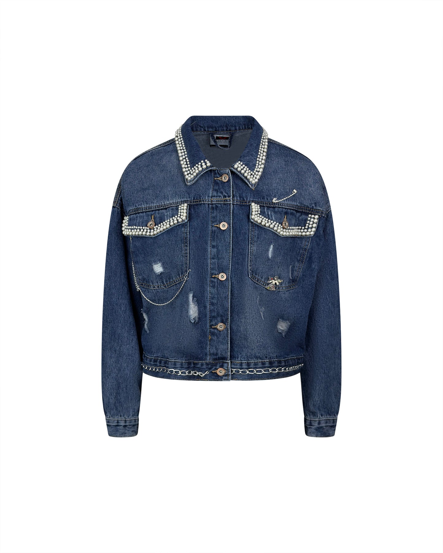 Jacheta denim albastra scurta cu perle aplicate - simpla / accesorizata manual