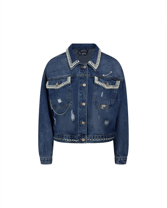 Jacheta denim albastra scurta cu perle aplicate - simpla / accesorizata manual