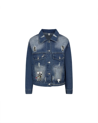 Jacheta denim albastra cu efect distressed - simpla / accesorizata manual