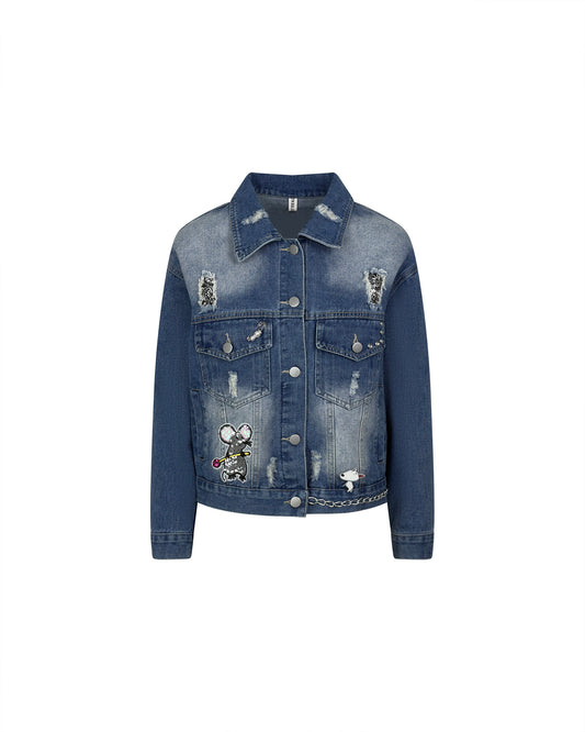 Jacheta denim albastra cu efect distressed - simpla / accesorizata manual
