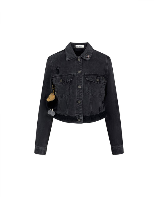 Jacheta neagra din denim cu urs brodat si aplicatii detasabile - accesorizata manual