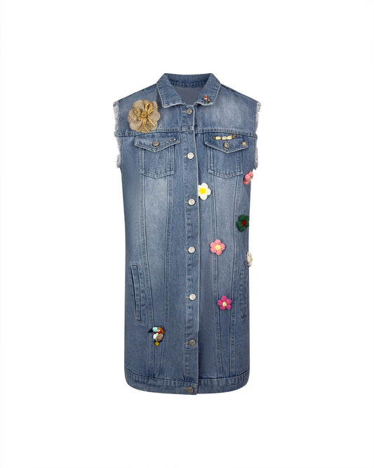 Vesta denim albastra lunga - simpla / accesorizata manual