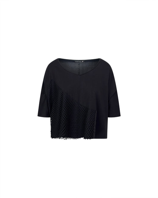 Bluza neagra scurta cropped cu insertie din plasa diagonala