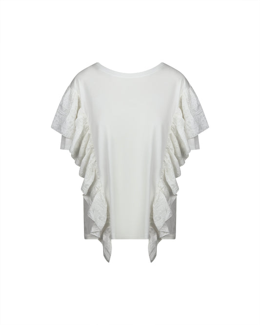 Tricou alb cu volane brodate laterale