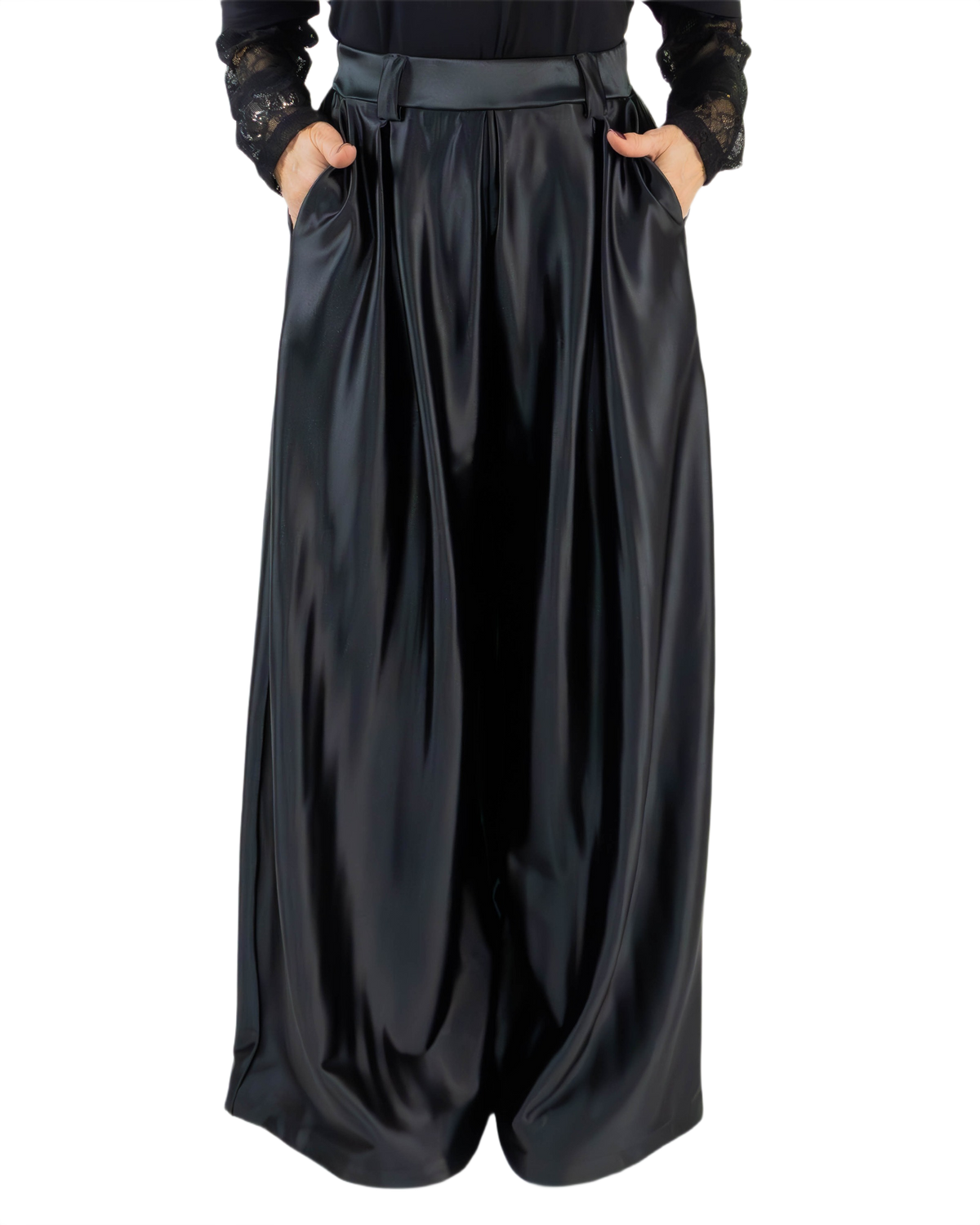 Pantaloni Largi Negri din Lycra Lucioasă cu Pense | Talie Unică (S-XL) | Qarma