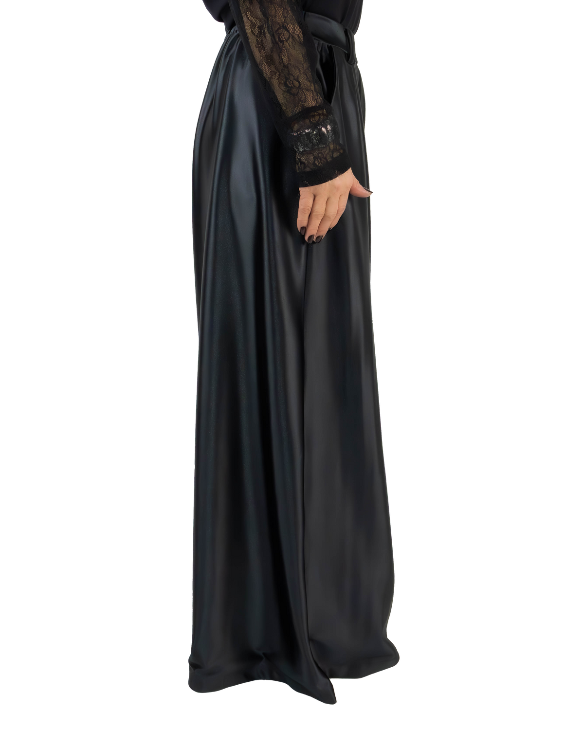 Pantaloni Largi Negri din Lycra Lucioasă cu Pense | Talie Unică (S-XL) | Qarma