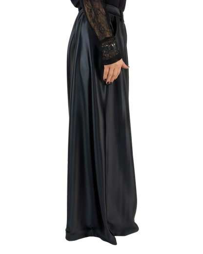 Pantaloni Largi Negri din Lycra Lucioasă cu Pense | Talie Unică (S-XL) | Qarma