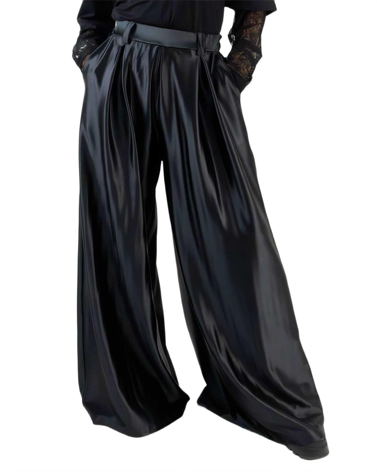Pantaloni Largi Negri din Lycra Lucioasă cu Pense | Talie Unică (S-XL) | Qarma