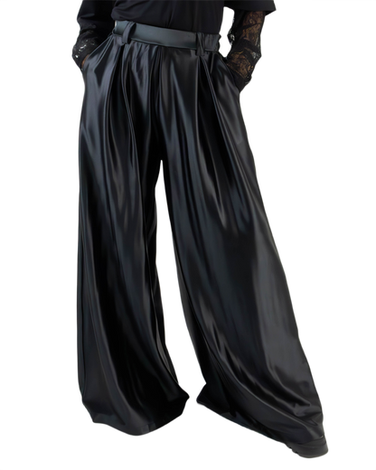 Pantaloni Largi Negri din Lycra Lucioasă cu Pense | Talie Unică (S-XL) | Qarma