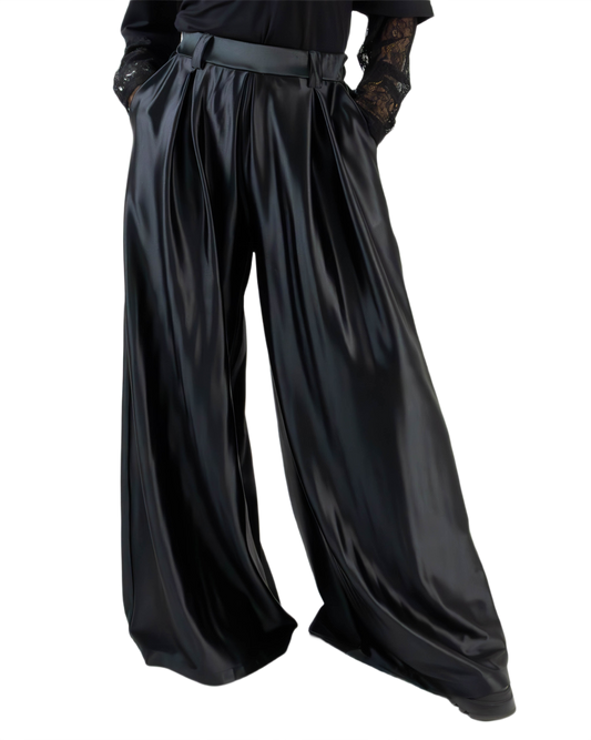 Pantaloni Largi Negri din Lycra Lucioasă cu Pense | Talie Unică (S-XL) | Qarma