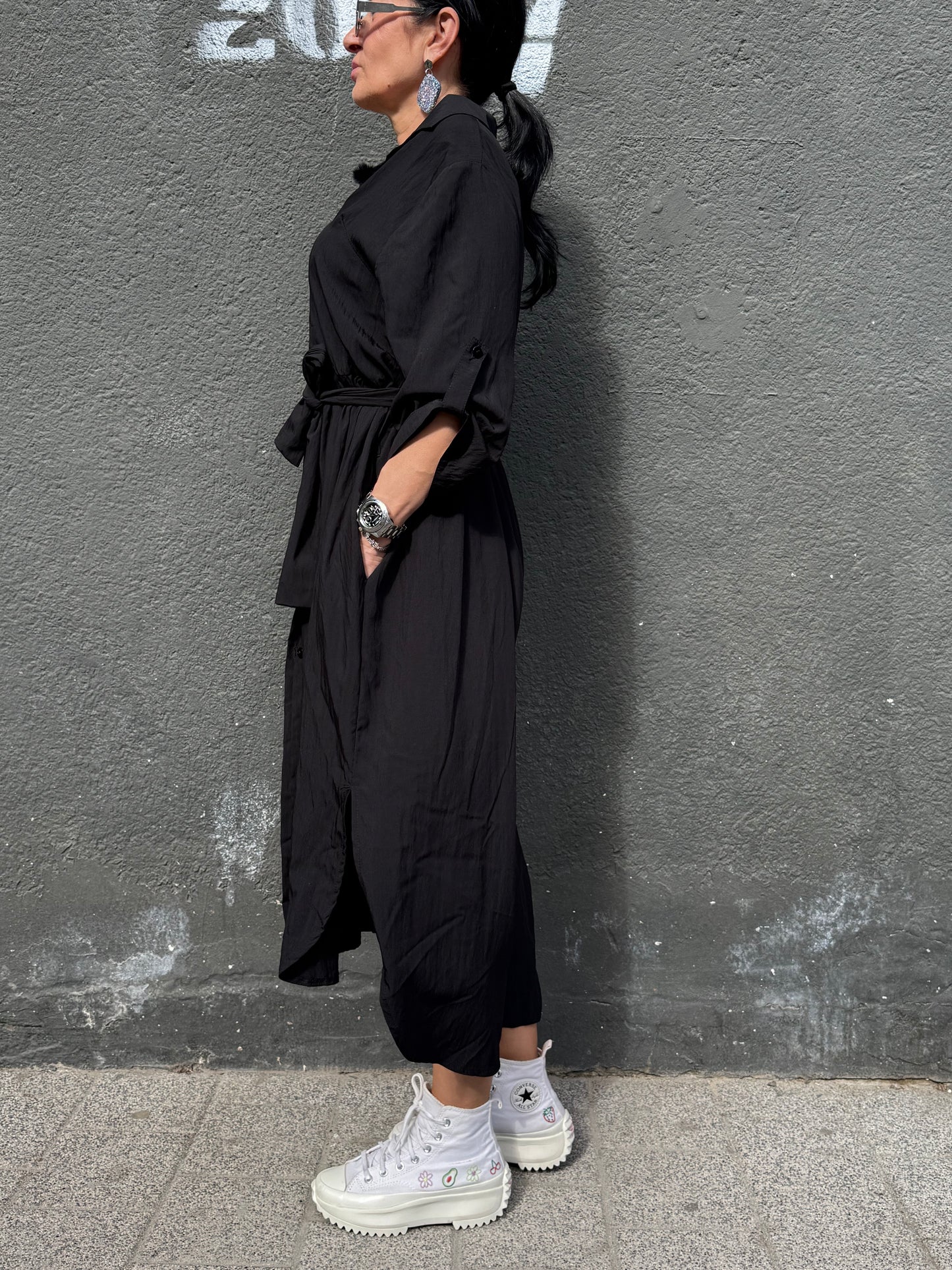 Rochie Cămașă Neagră cu Croială Asimetrică (S-XL)