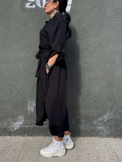 Rochie Cămașă Neagră cu Croială Asimetrică (S-XL)