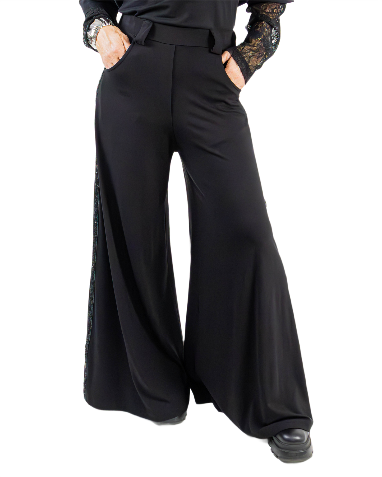 Pantaloni Negri Wide Leg din Rayon cu Vipușcă "Glam" | Mărime Universală (S-XL) | Qarma