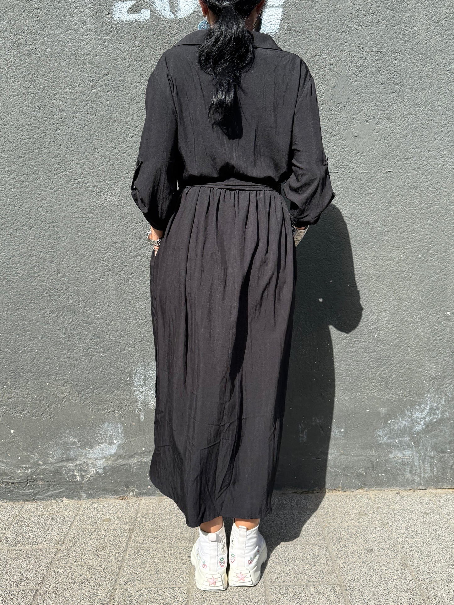 Rochie Cămașă Neagră cu Croială Asimetrică (S-XL)