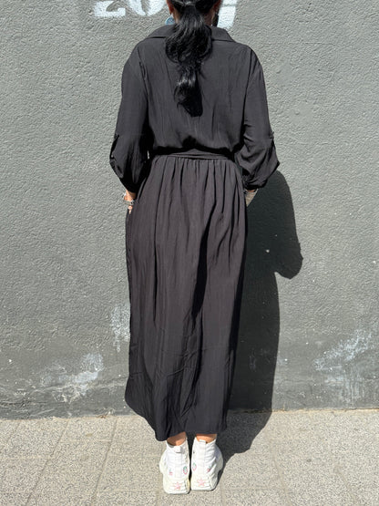 Rochie Cămașă Neagră cu Croială Asimetrică (S-XL)
