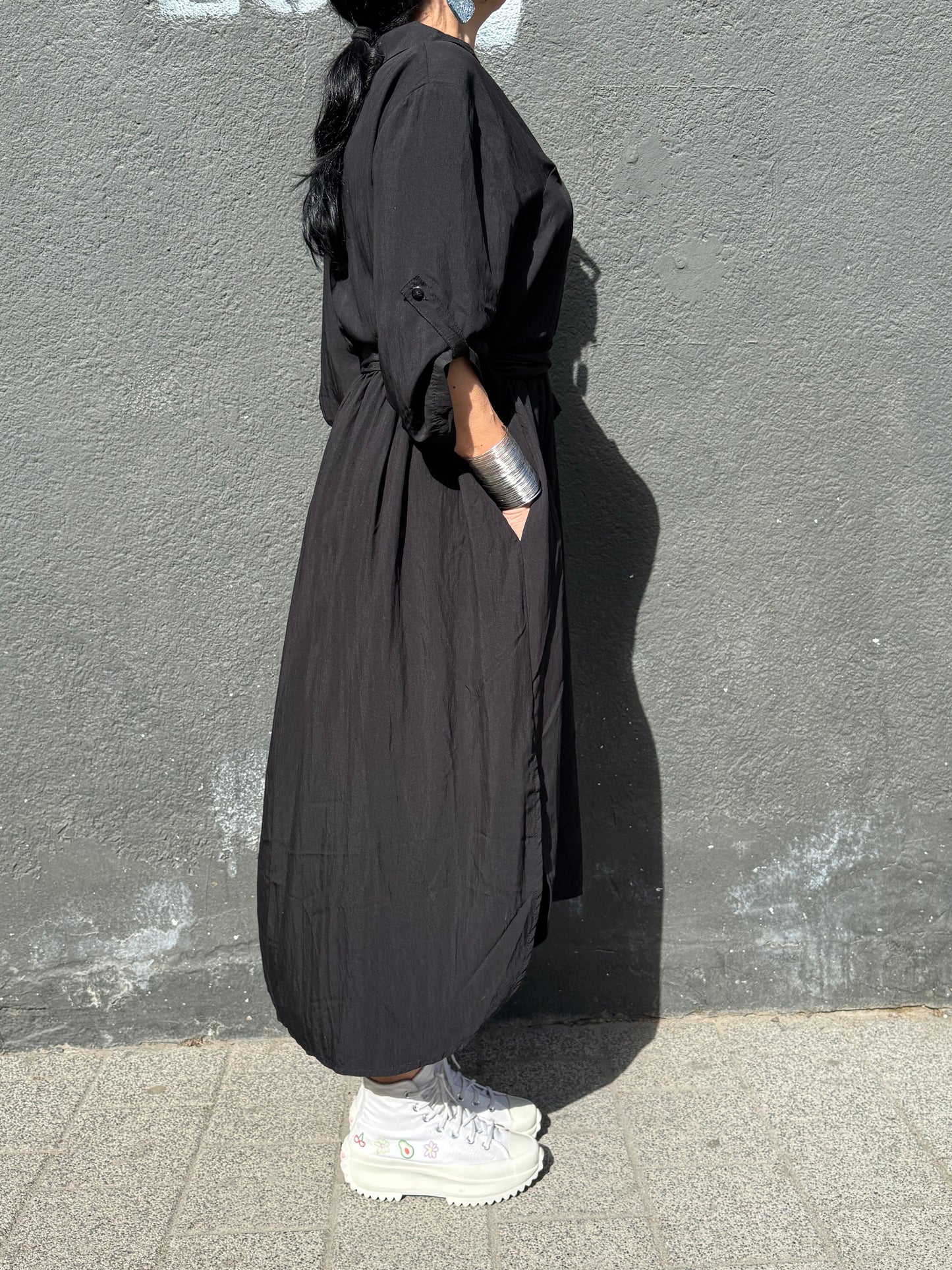 Rochie Cămașă Neagră cu Croială Asimetrică (S-XL)