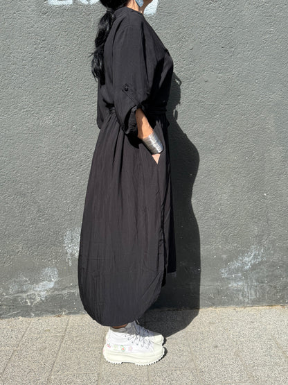 Rochie Cămașă Neagră cu Croială Asimetrică (S-XL)