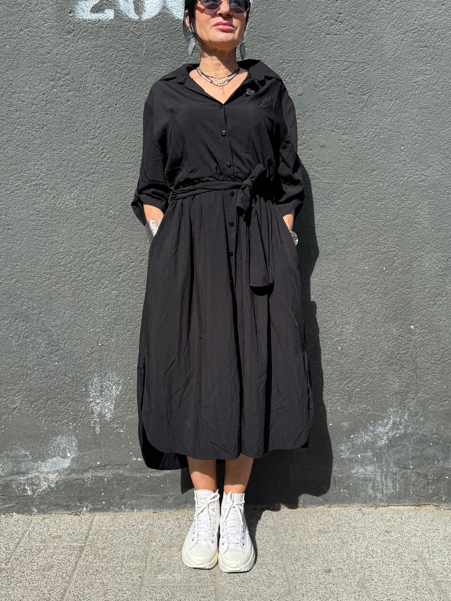 Rochie Cămașă Neagră cu Croială Asimetrică (S-XL)