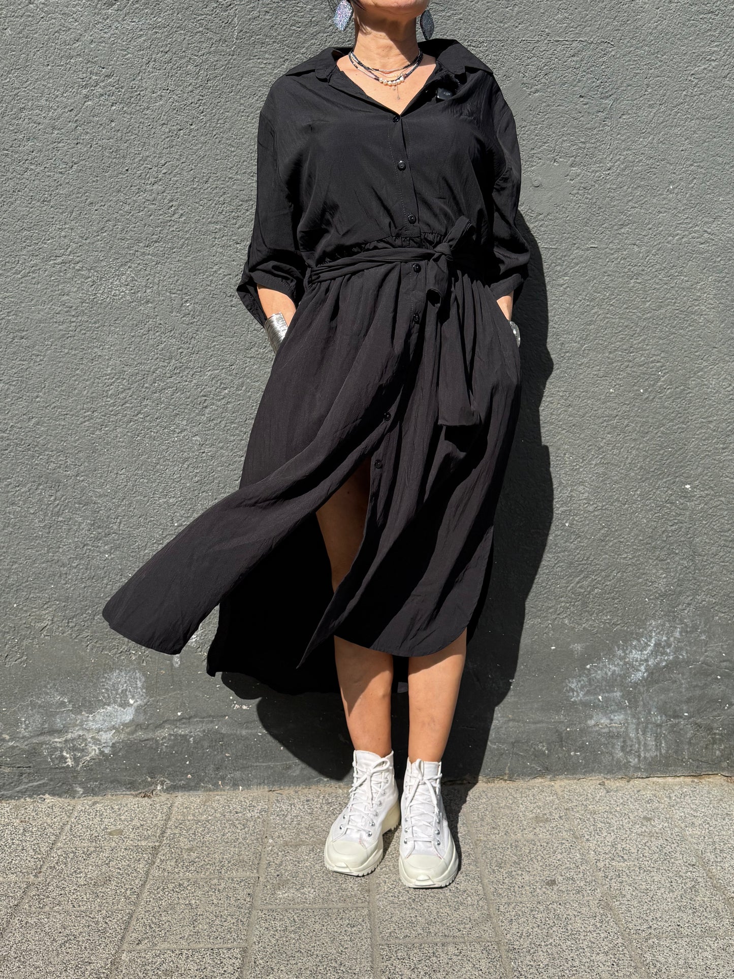Rochie Cămașă Neagră cu Croială Asimetrică (S-XL)